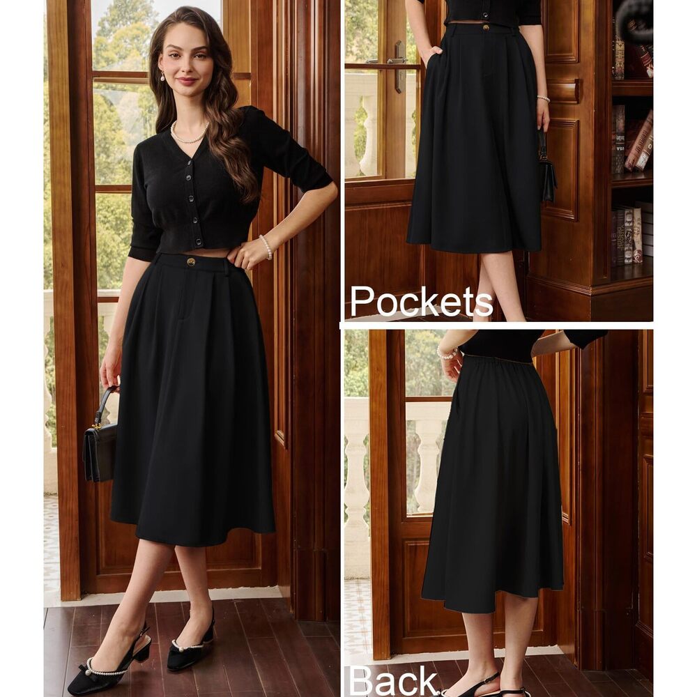 6838 Casual Midi Skirt A Line High Elastic Waisted Pleated Vintage Skirt - Picture 5 of 8